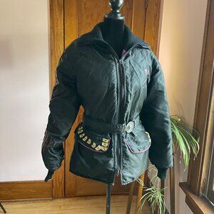 Vintage 70s Arctic Cat Arcticwear Snowmobile Jacket L Black Pink Belted Racing